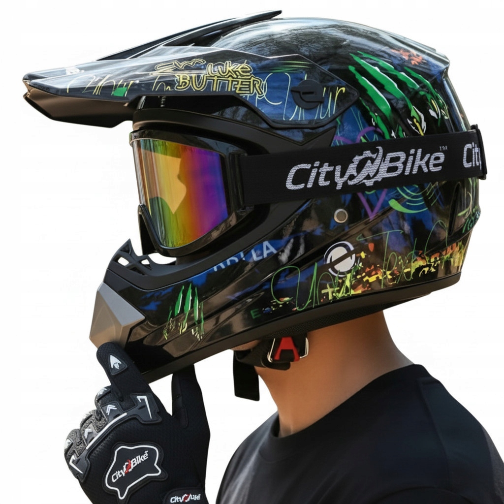 Kask czarny Gogle Rękawice Hulajnoga Elektryczna Rower Bmx L 59-60cm