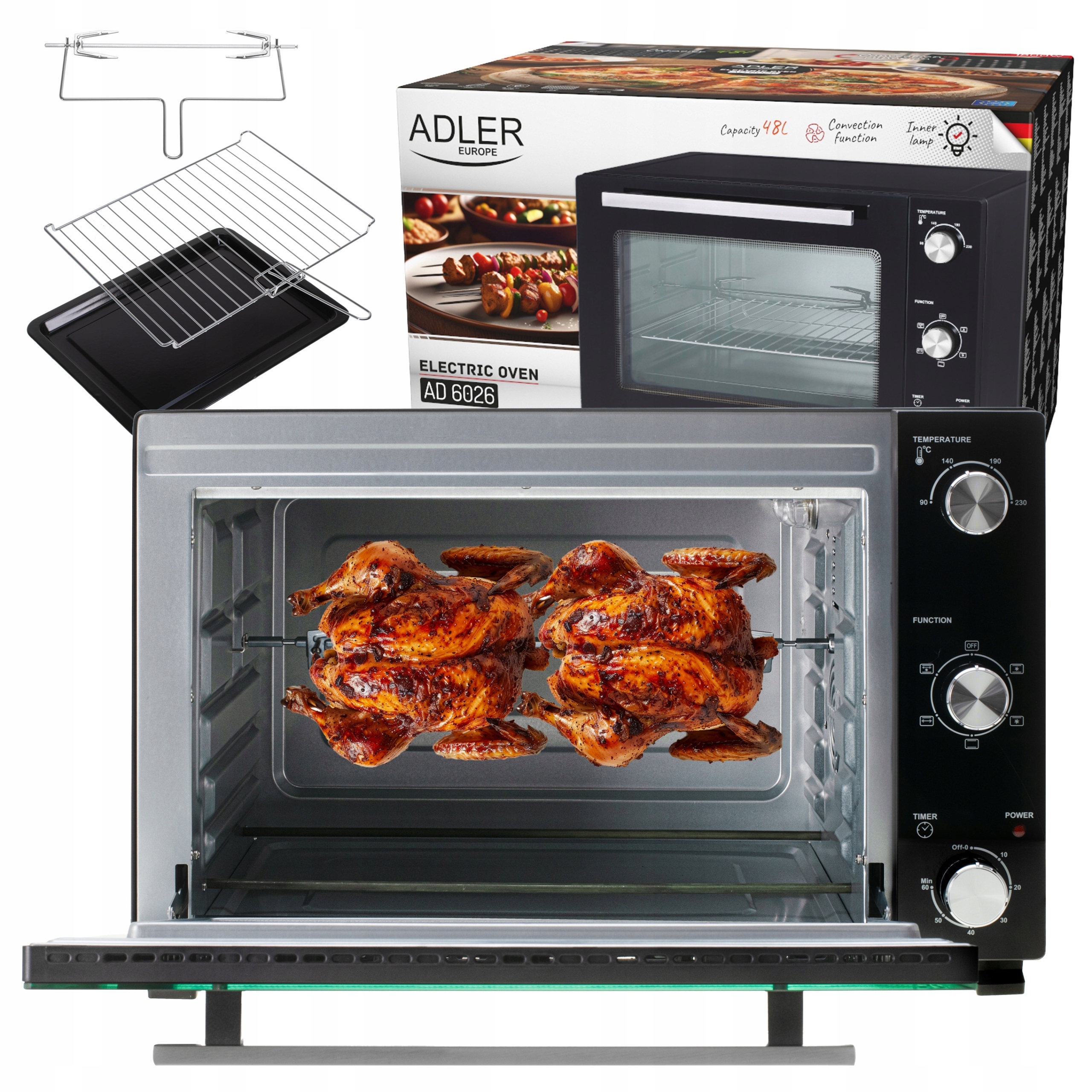 Elektrická trouba 48L Horkovzduch Otočný rožeň Gril Časovač Regulace 90-230°C