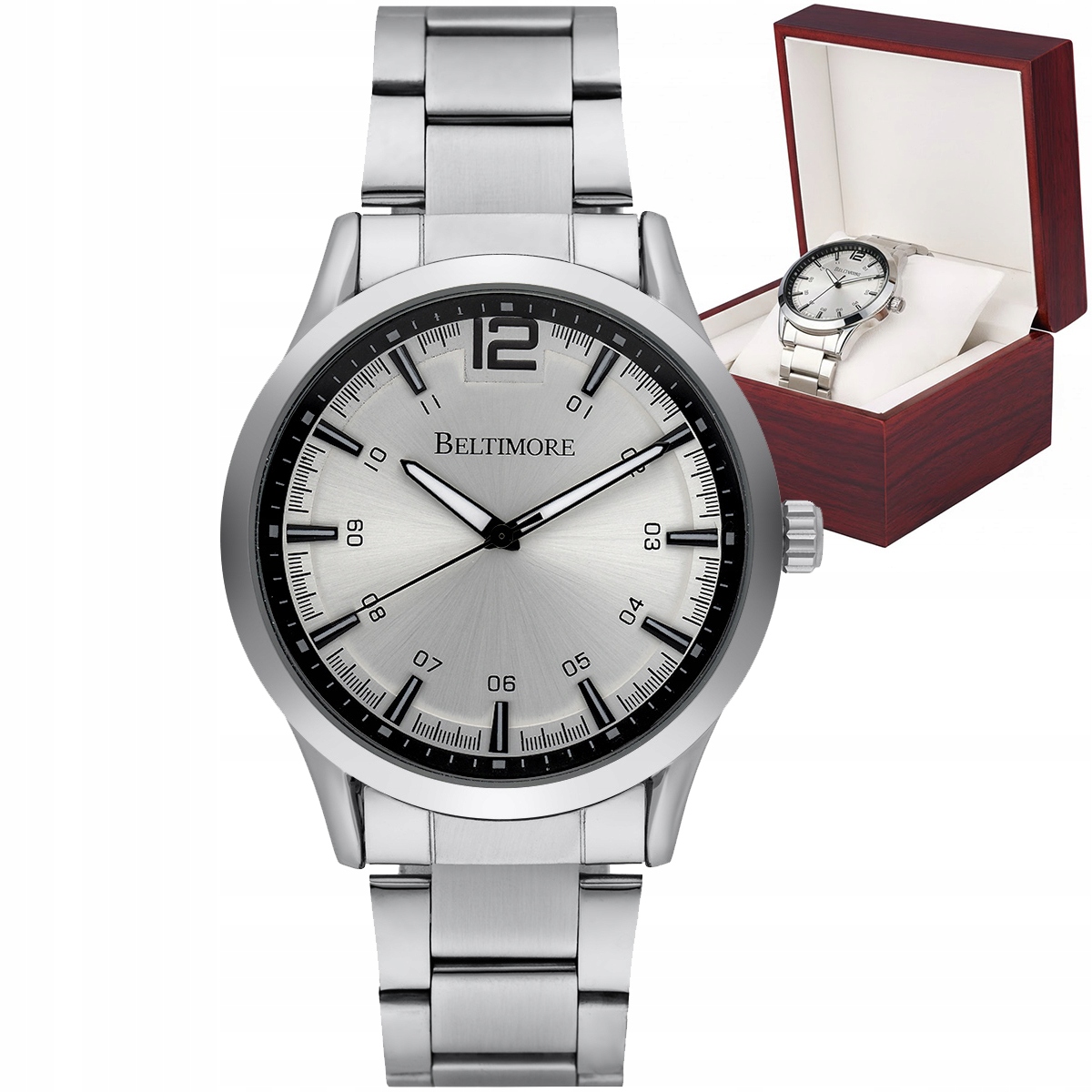 Pánské hodinky s náramkem, velké, robustní, stříbrné, quartzové, v krabička Beltimore