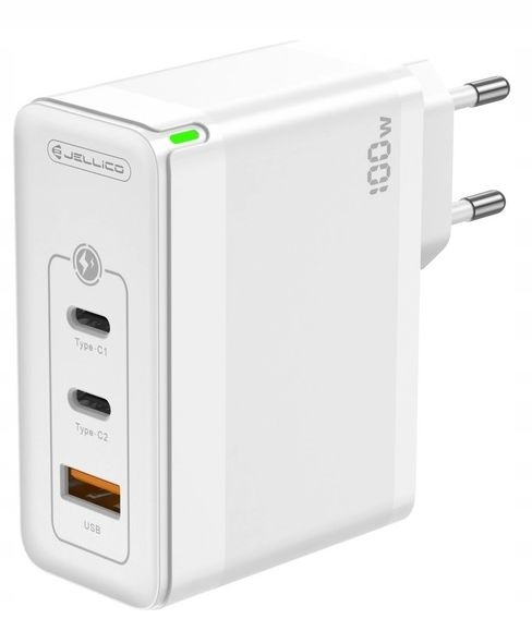 Szybka Ładowarka USB - C 2 x USB-C 1 x USB-A PD 100W Quick QC 3 Gniazda GaN Kolor biały