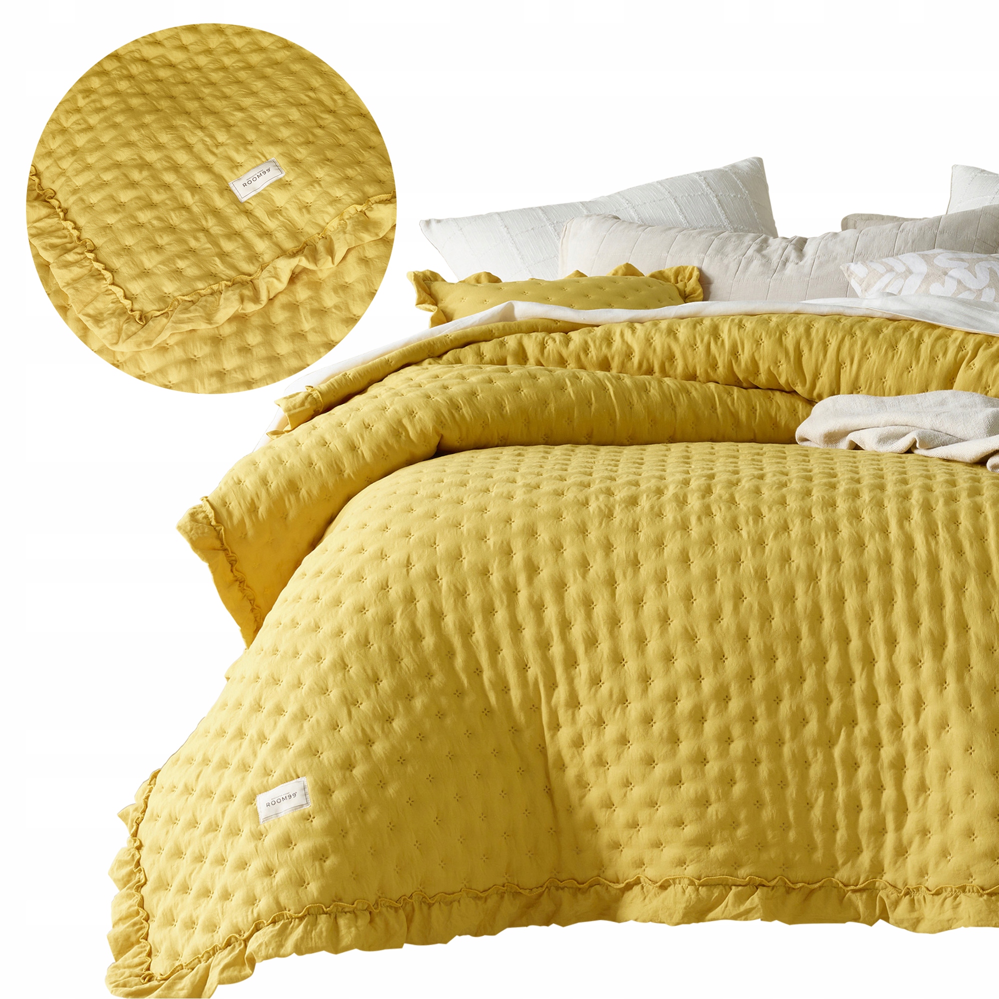 ROOM99 Narzuta 200x220 musztardowa na łóżko kanapę pikowana z falbaną Molly