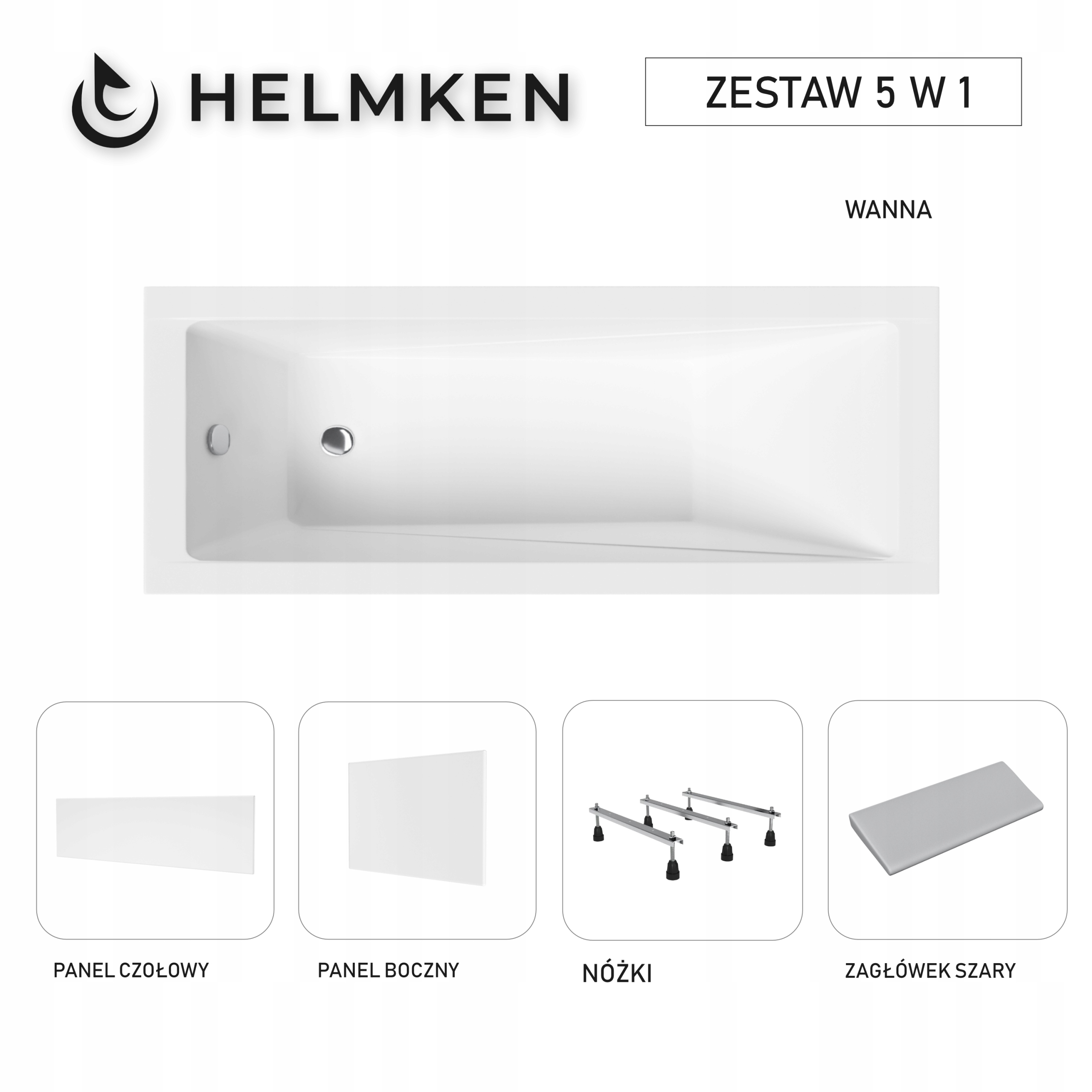 Wanna akrylowa Helmken Rivana 180 x 80 Paneli Zagłówek szary Nóżki