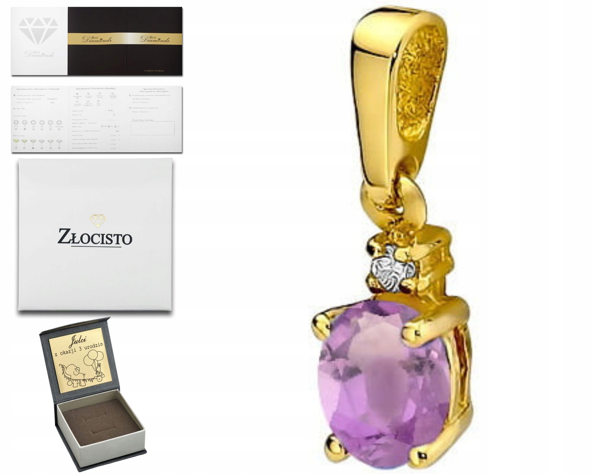 Elegantní Přívěsek S Ametystem A Diamantem Zlato 585 Jako Dárek Gravírování