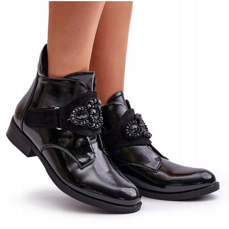 Dámské Kotníkové Boty Lakované Plochý Podpatek Ozdoba S.barski HY42-021 Černé 36