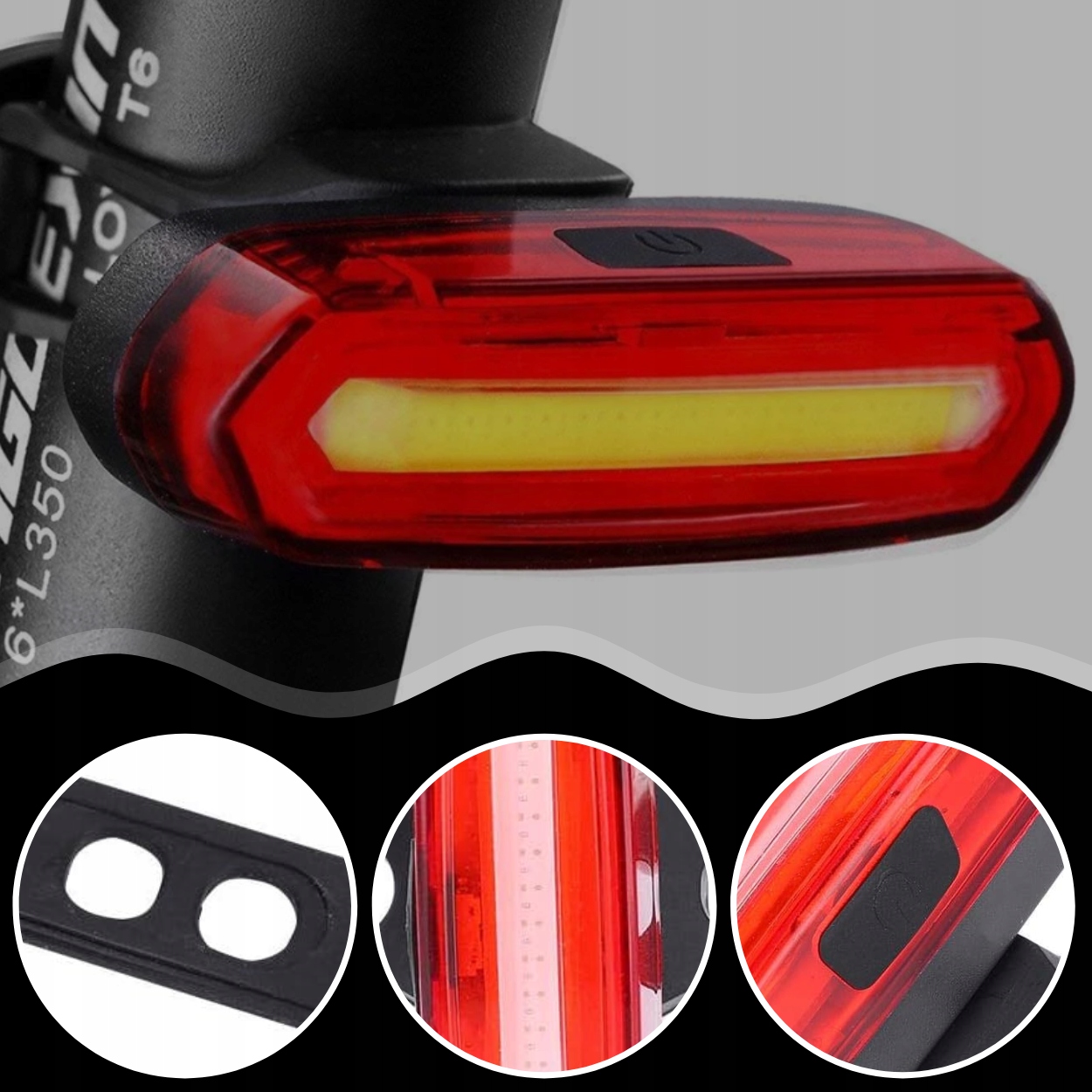 LAMPKA ROWEROWA TYLNA TYŁ ŁADOWANA USB LED COB CZERWONA AKUMULATOROWA Model 1620