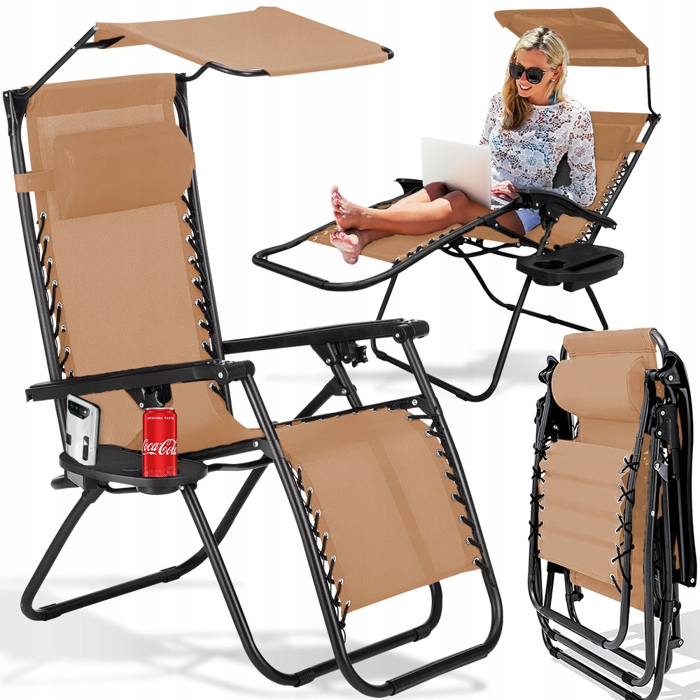 Leżak Fotel Ogrodowy Plażowy Rozkładany Zero Gravity Leżanka Z Daszkiem