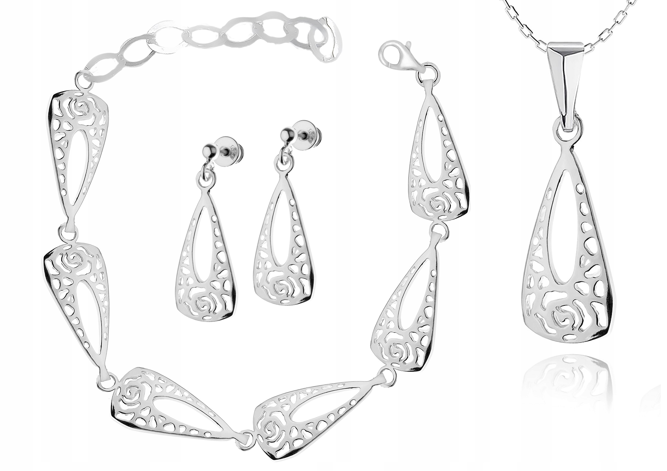 

Komplet Ażurowej Biżuterii Srebrnej Z Łańcuszkiem