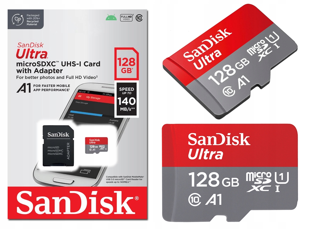 KARTA PAMIĘCI SanDisk ULTRA MICROSD SDXC A1 128GB 140MB/S + ADAPTER Format karty microSD