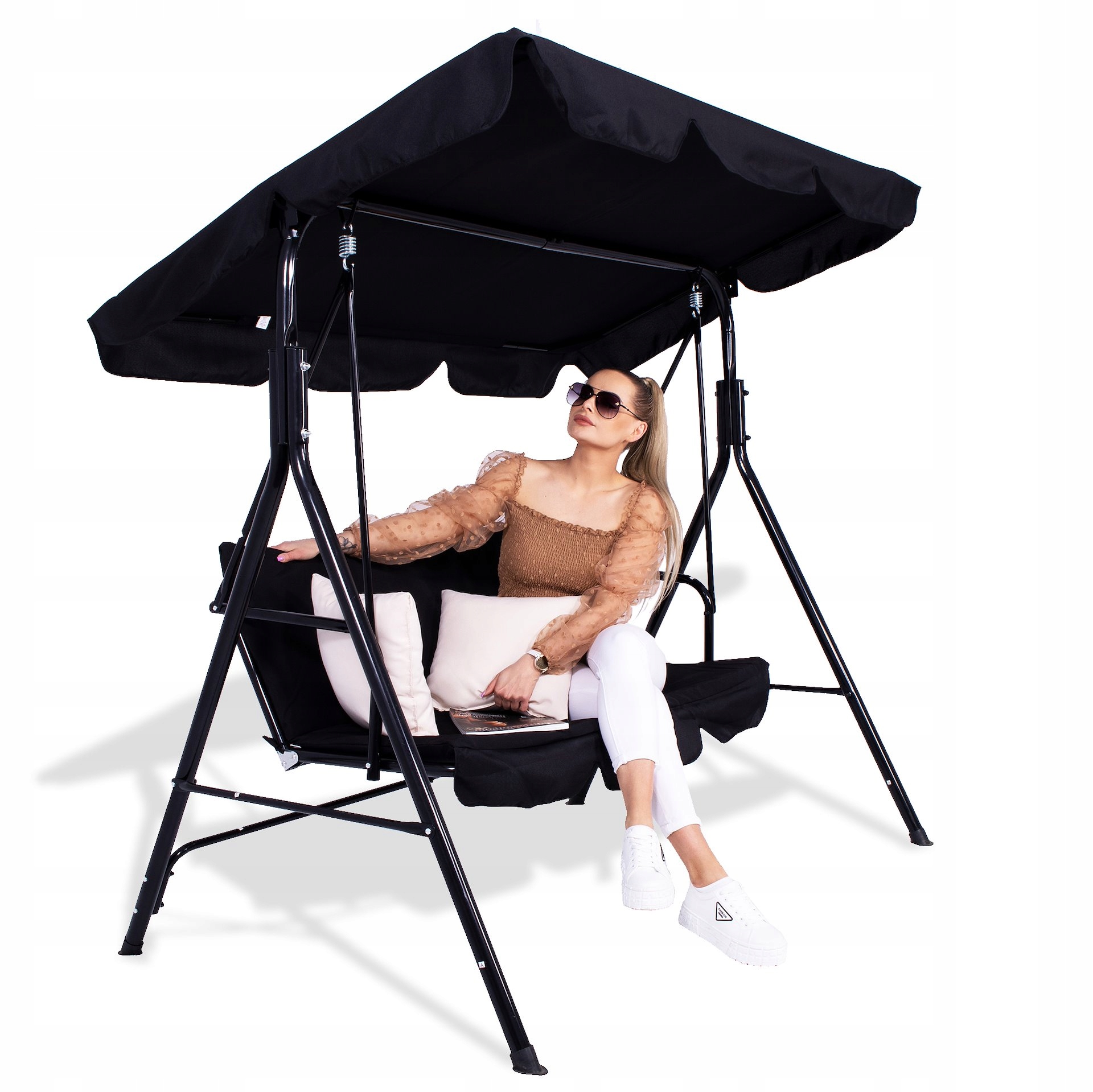 Zahradní Houpačka 3MÍSTNÁ Hnací Lavice Černá Střecha Volně Stojící Pevná