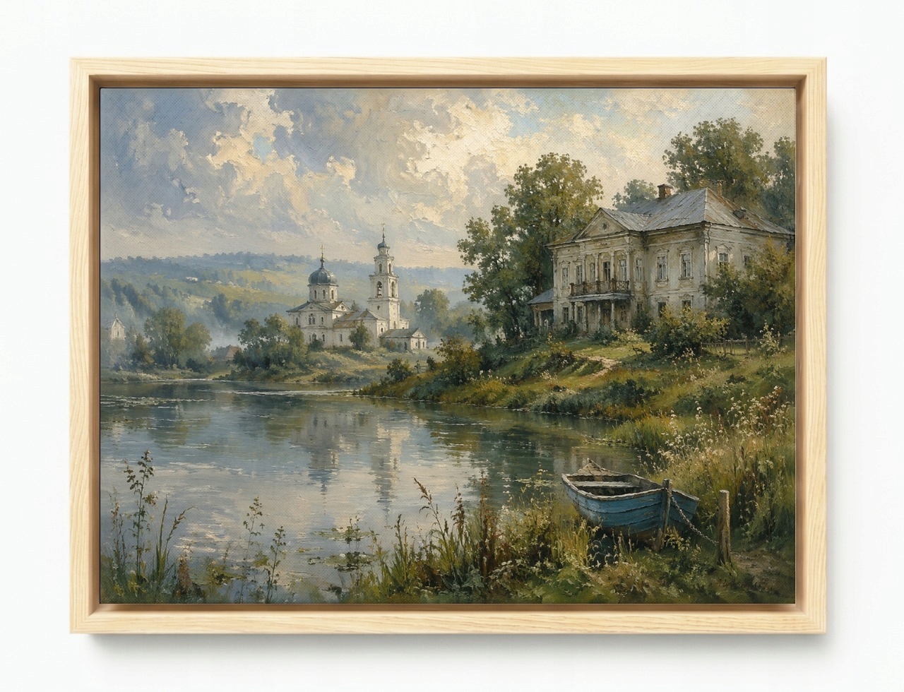 Obraz Rám Americký Box Krajina Léto Vesnice Řeka Dvůr Kostel Loďka 80x60