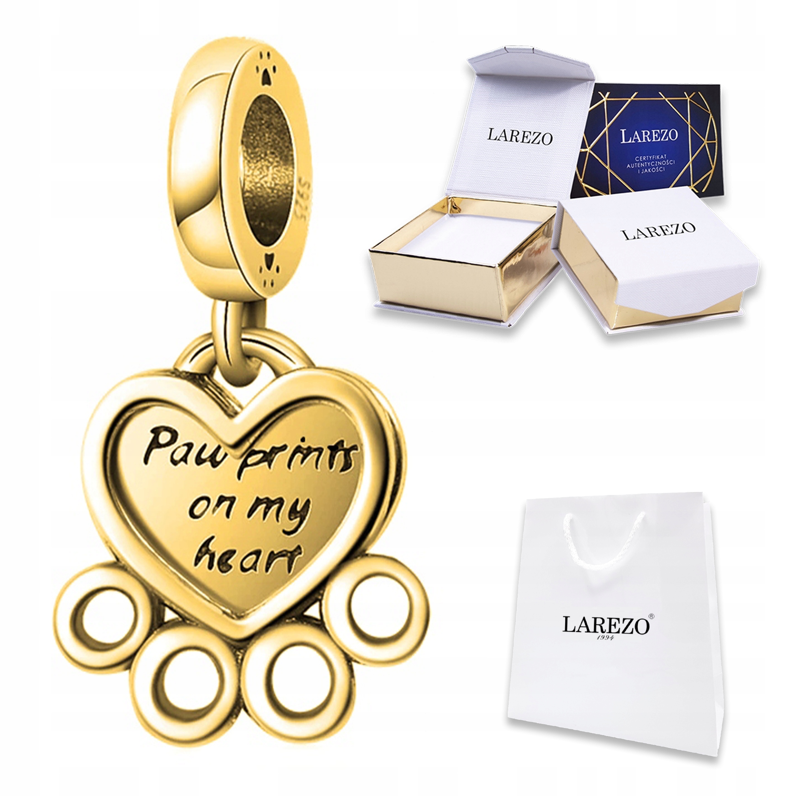 Zlatý Charms Závěsný Srdce Tlapka Psa Přátelství Zvíře Pes Kočka Stříbro 925