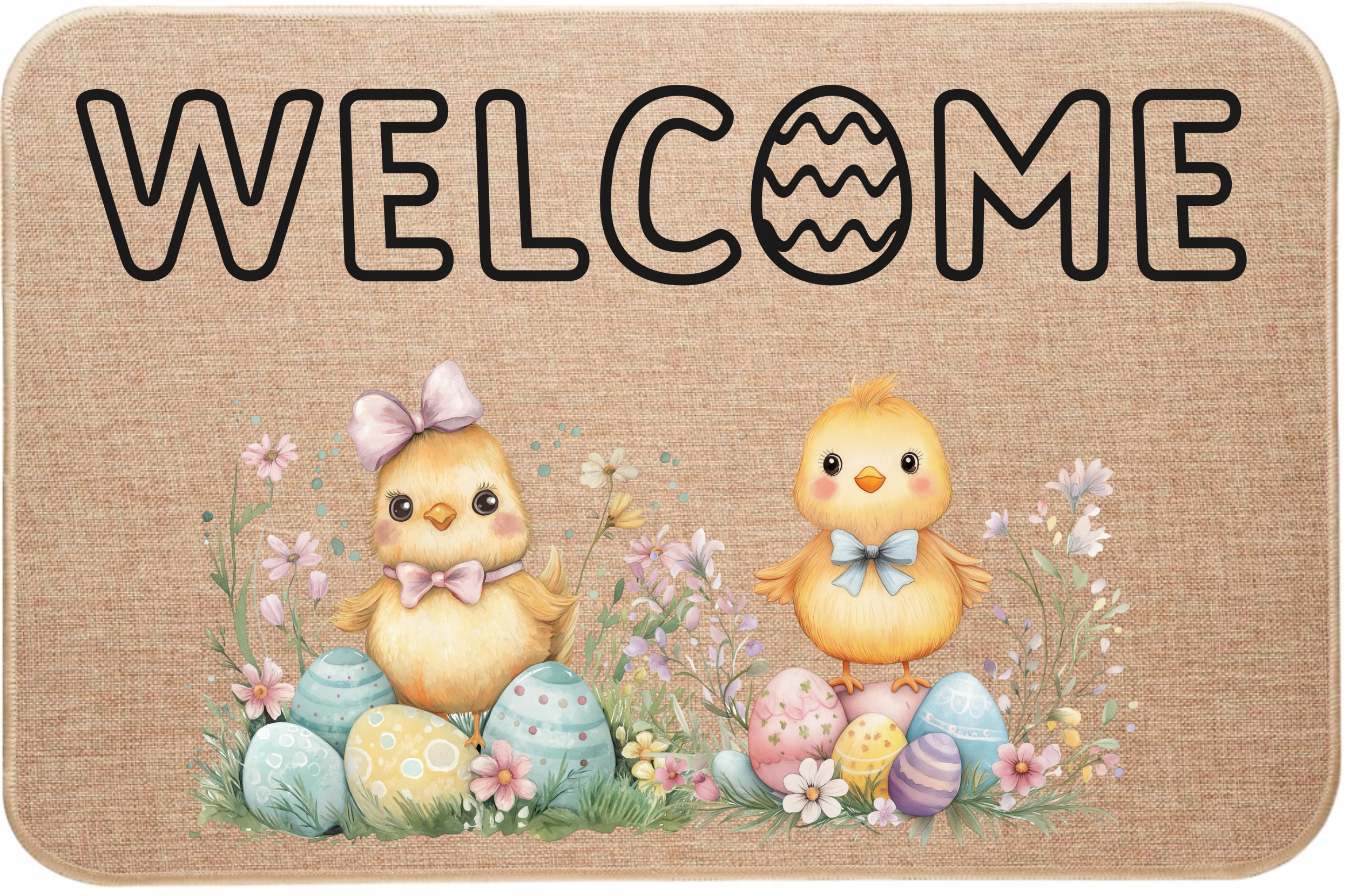Velikonoční ozdobná lněná rohožka Welcome Kuřata s kraslicemi