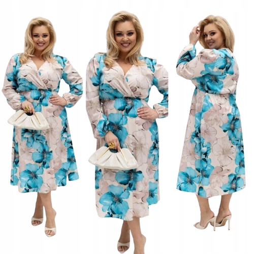 Sukienka Plus Size midi w kwiaty kopertowa duże rozmiary 44 2XL