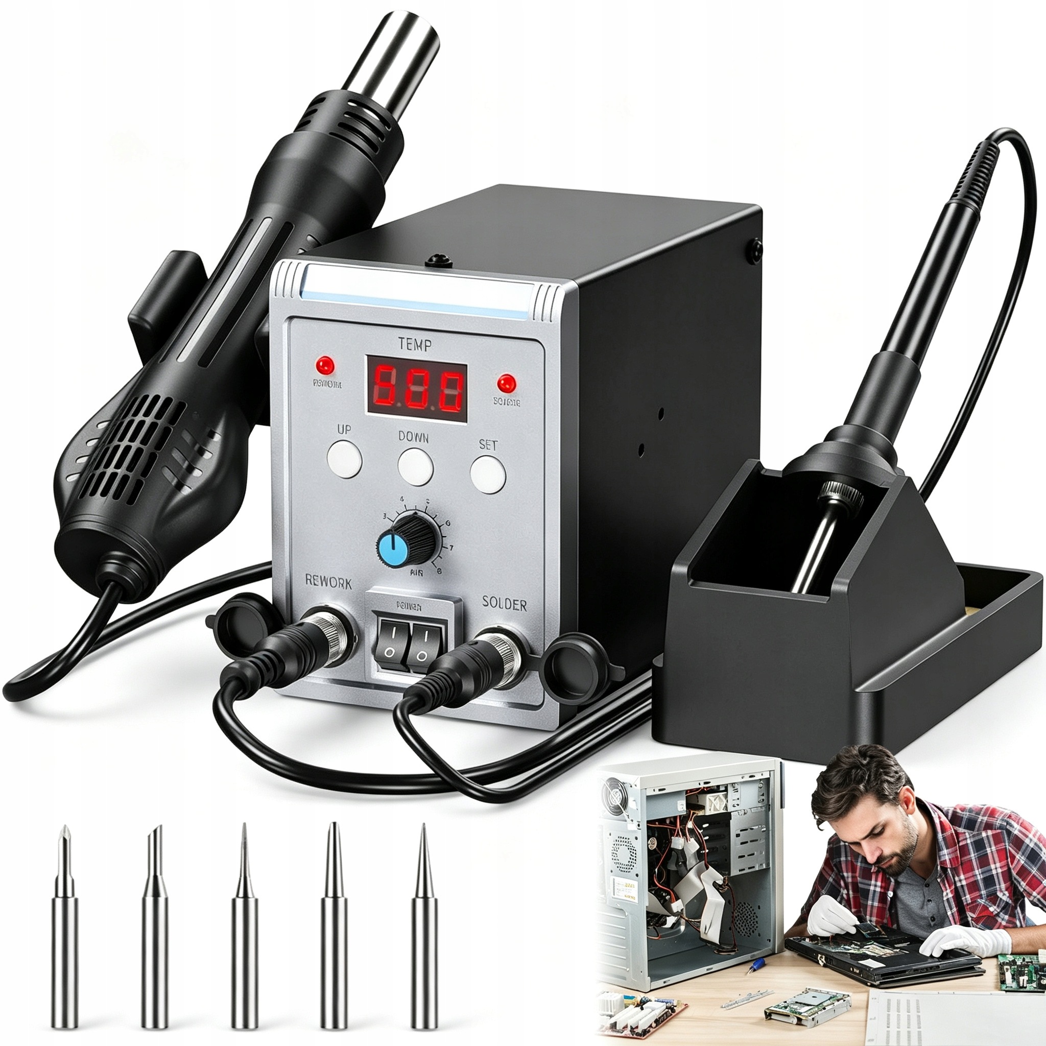Horkovzdušná Pájecí Stanice 700W 60W Sada Trysek Hroty Inteligentní Spánek Led