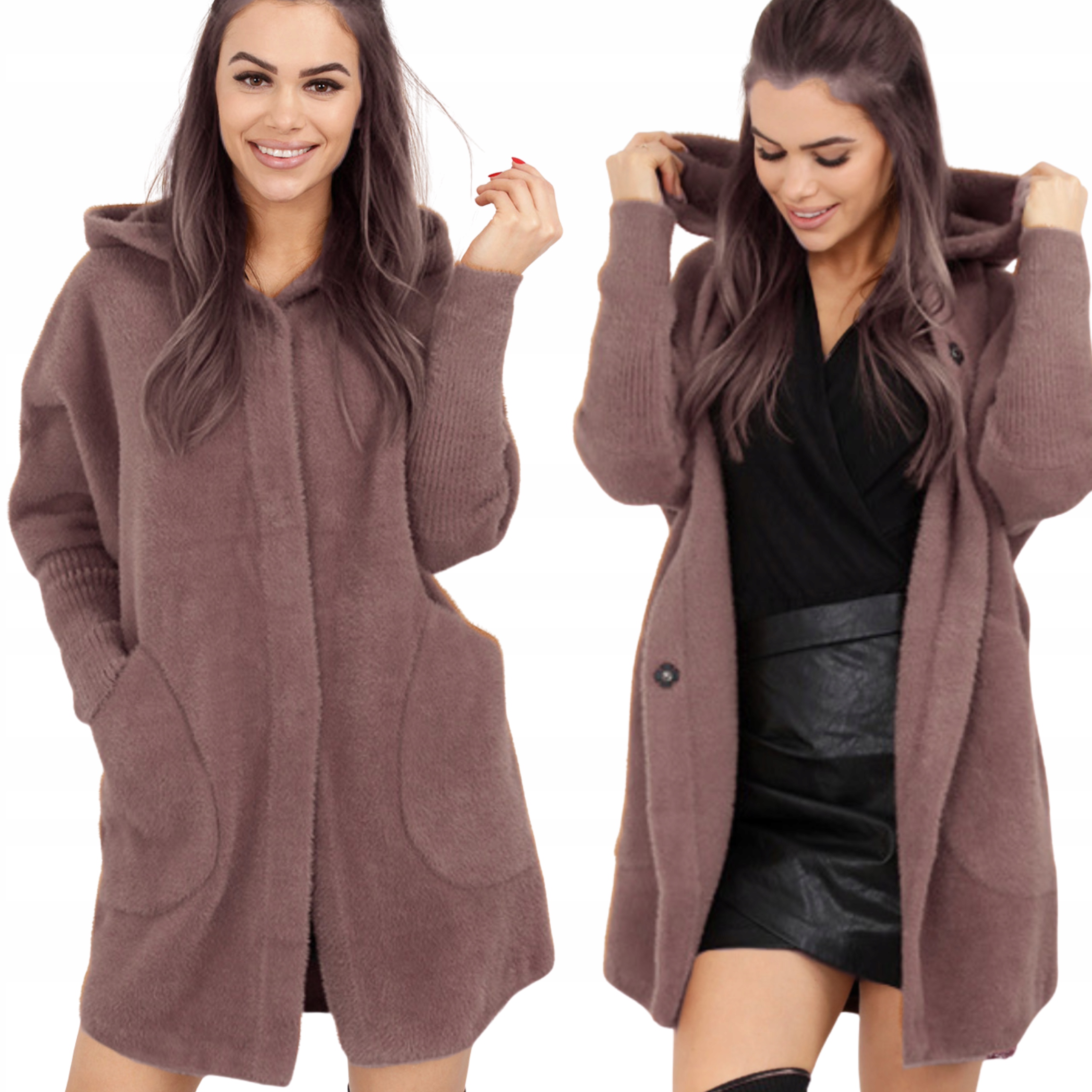 Alpaka Damska Płaszcz Kurtka Sweter Ciepła Długa Kaptur Mokka 1946