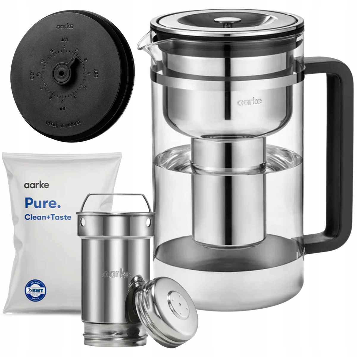 Duży szklany dzbanek filtrujący wodę Aarke 2,8 l, granulki filtrujące