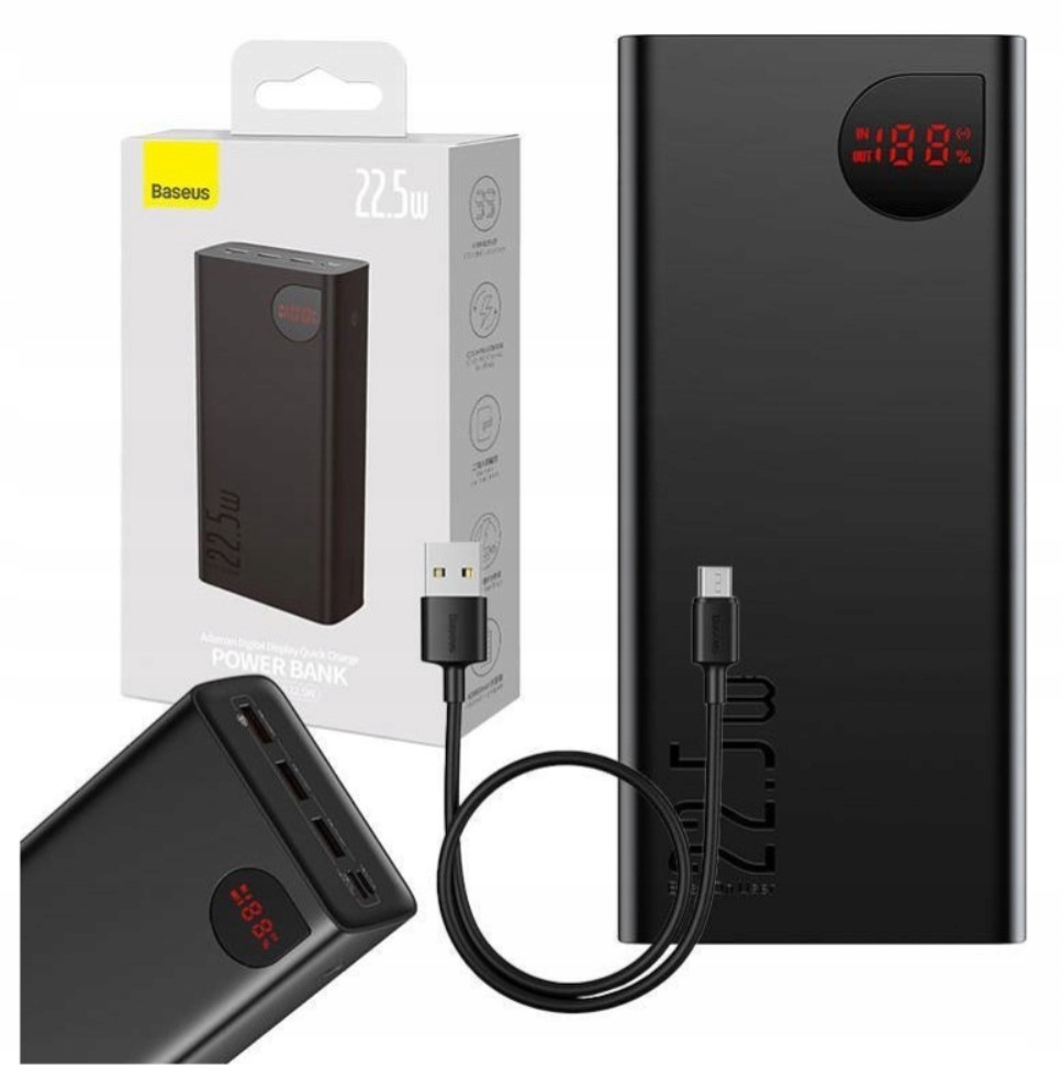 Rýchla powerbanka Baseus Adaman 40 000 mAh, 22,5 W, s displejom, čierna