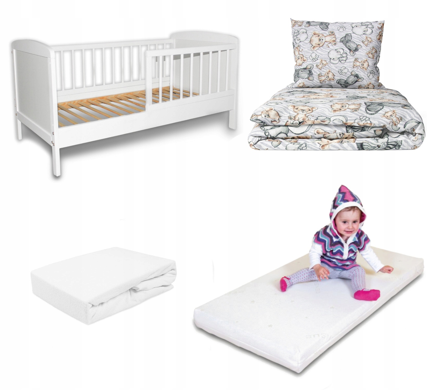 Čalouněná dětská postýlka 120 x 60 cm bílá matrace povlečení