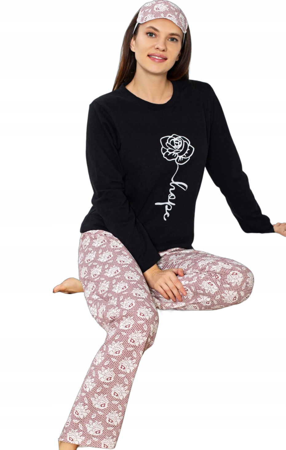 PIŻAMA DAMSKA BAWEŁNIANA OCIEPLANA WYGODNA DŁUGI RĘKAW ŁADNY WZÓR RÓŻA S Rozmiar S