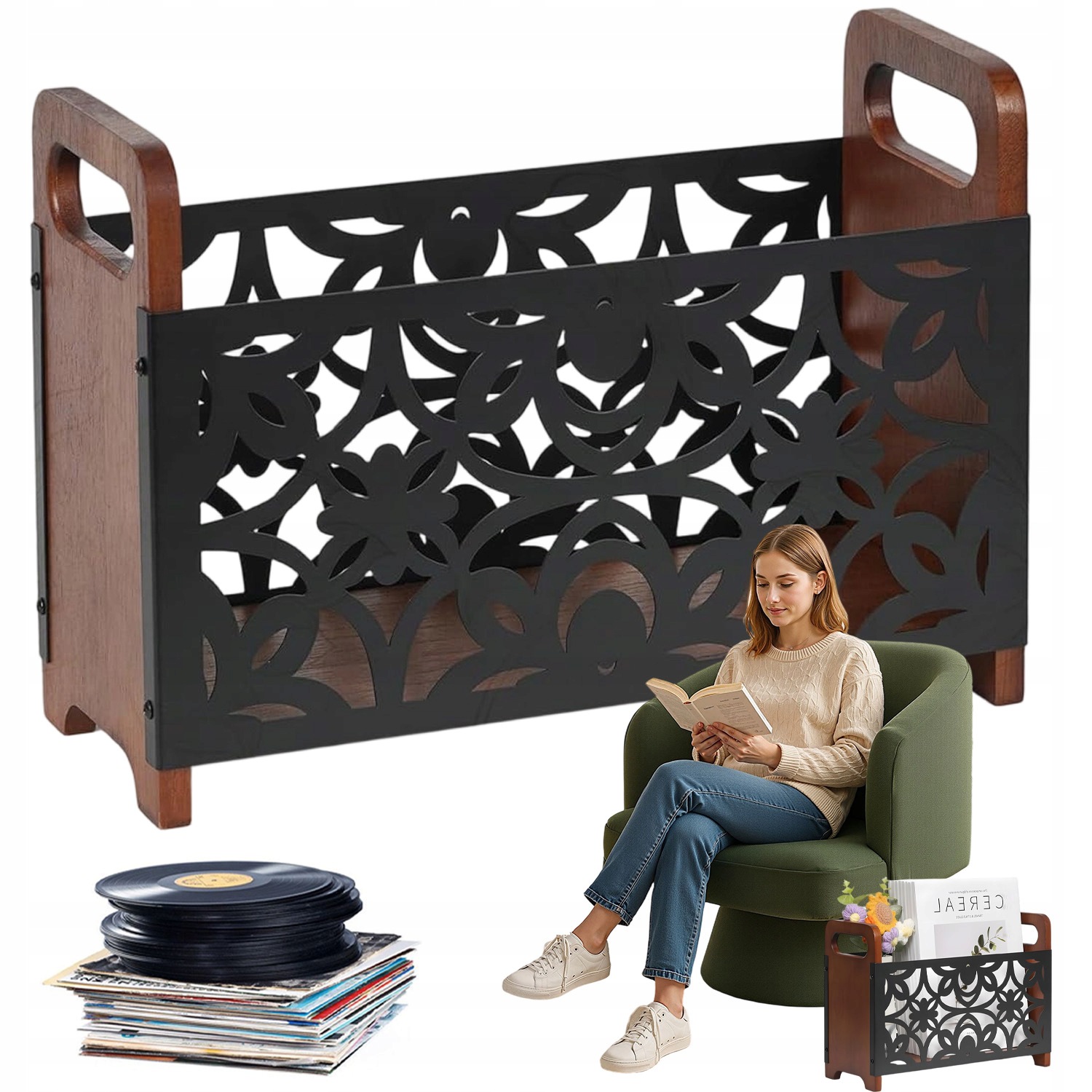 Dekoracyjny Organizer Na Książki 33X13X24CM Drewno Metal Kwiatowy Wzór