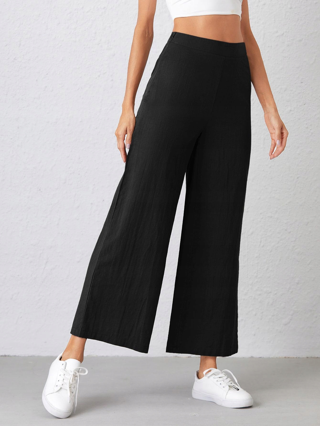 SHEIN CZARNE SZEROKIE SPODNIE WYSOKI STAN L Fason palazzo