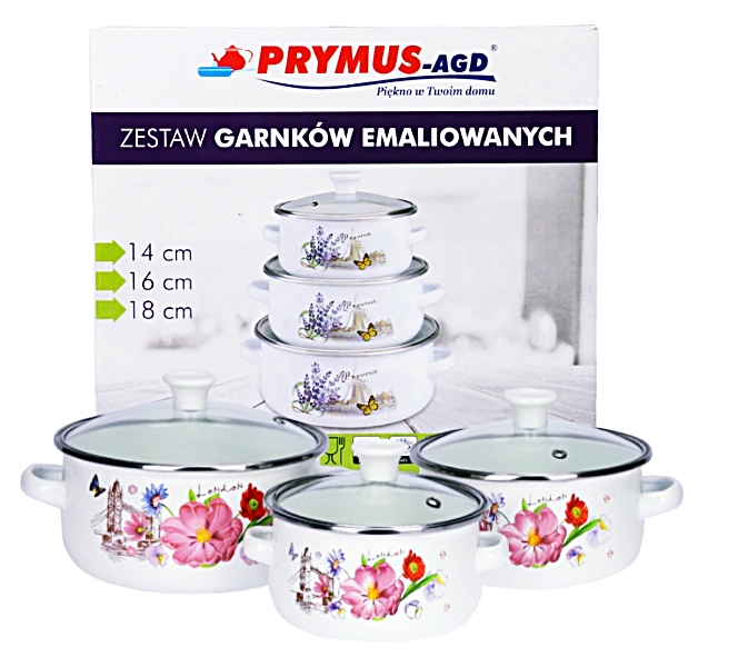 KOMPLET 3 GARNKÓW EMALIOWANYCH Z POKRYWAMI KWIATY