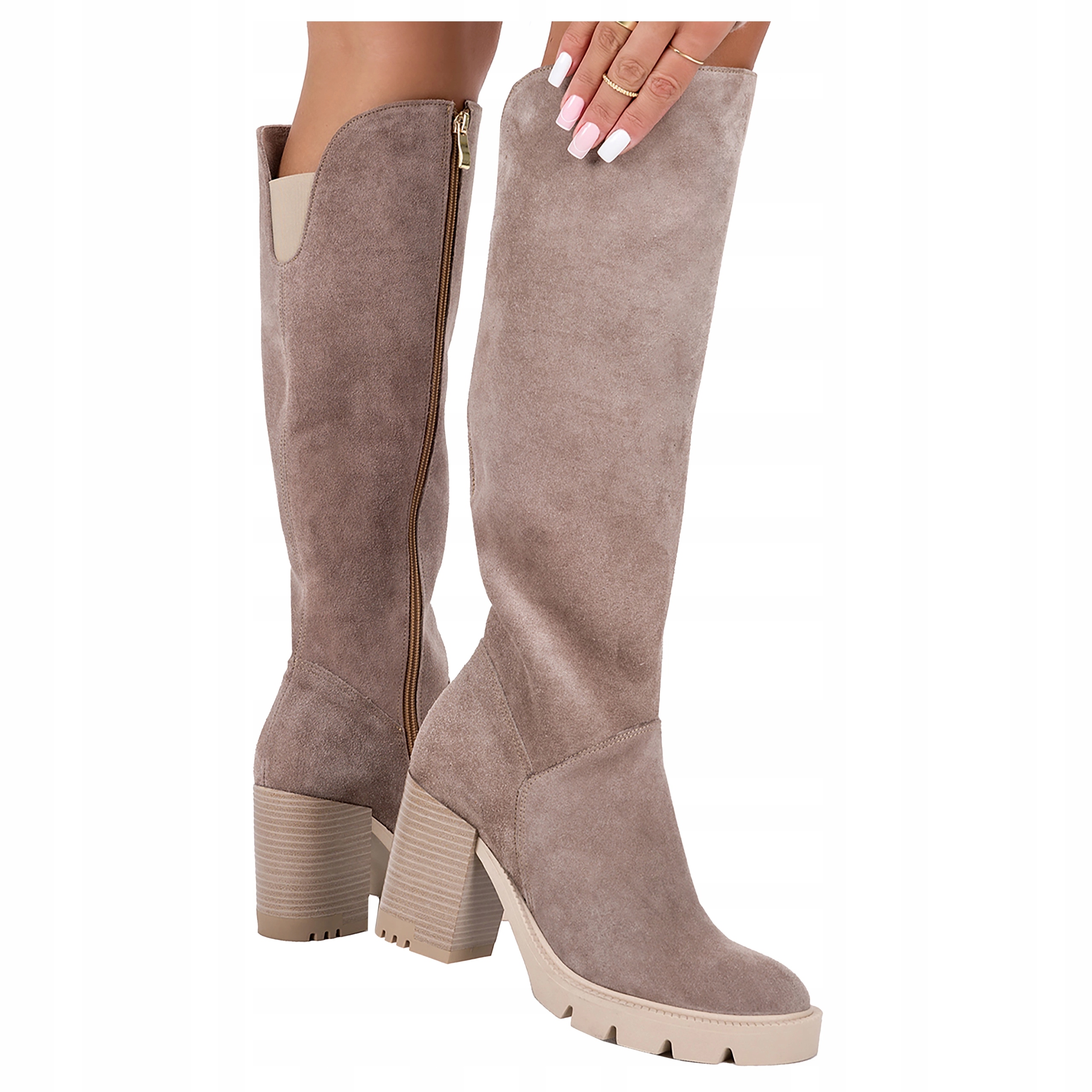 Kožené Dámské Semišové Zimní Kozačky Na Stabilním Podpatku Sloupku, velikost 41