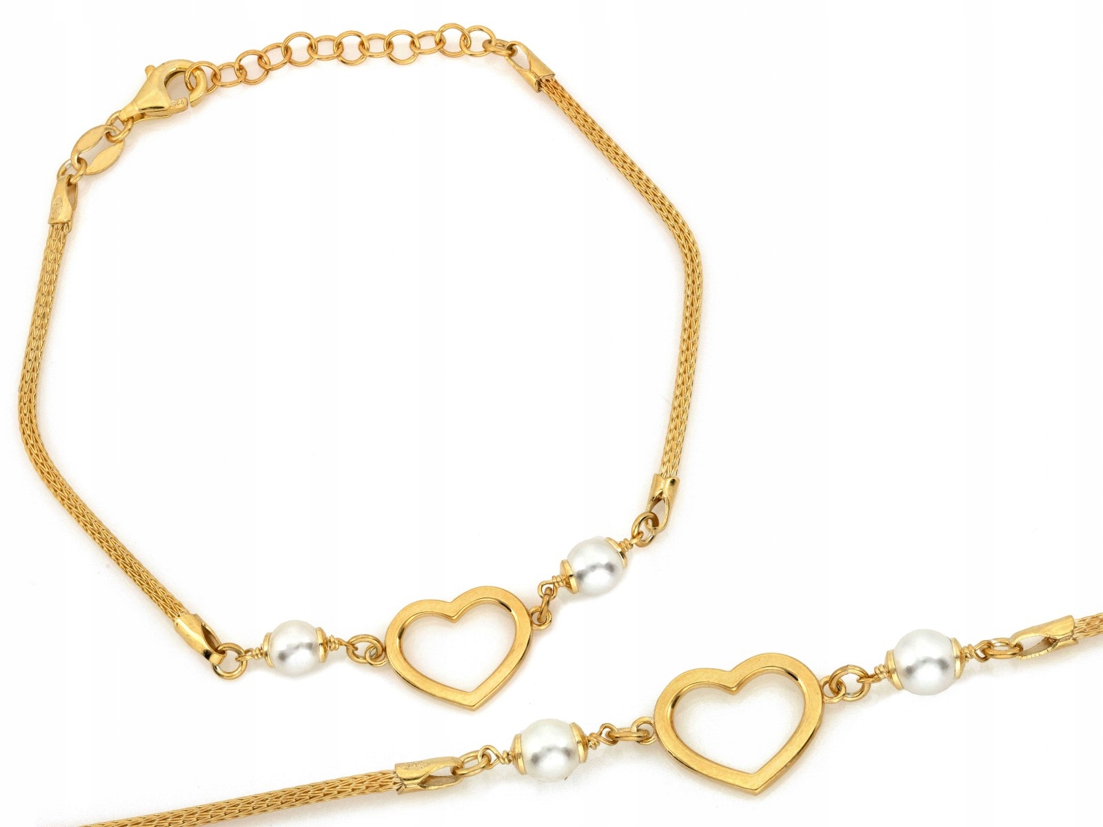 Stříbrný pozlacený náramek s perlami a srdcem 925, váha 2.95 g, velikost 20