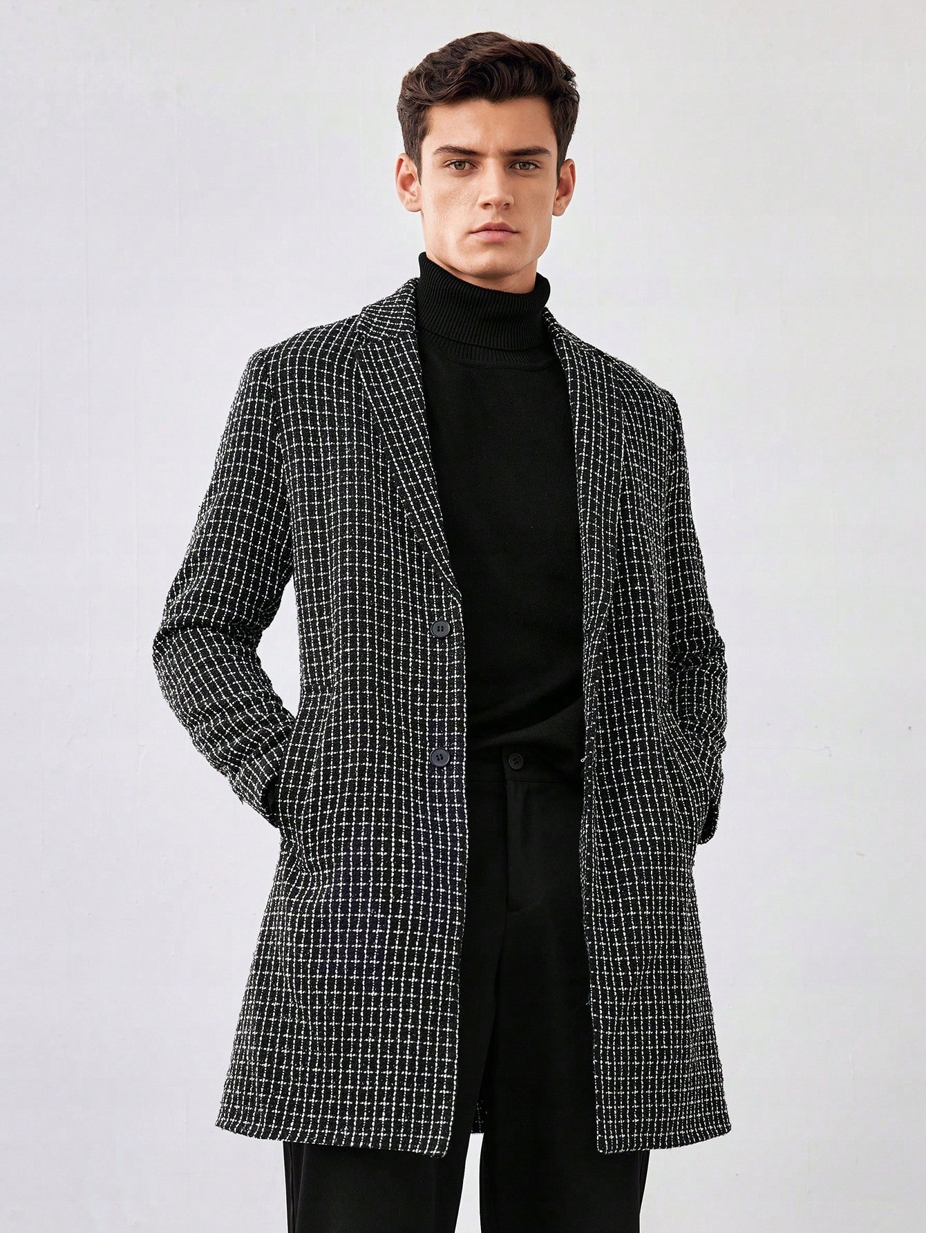 Pánský Tvídový Elegantní Černobílý Kostkovaný Kabát Shein