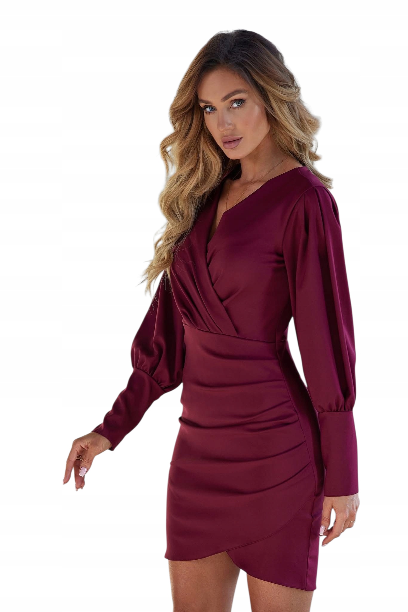 Elegantní šaty s nařasením, plus size, obálková, velikost 46 bordó