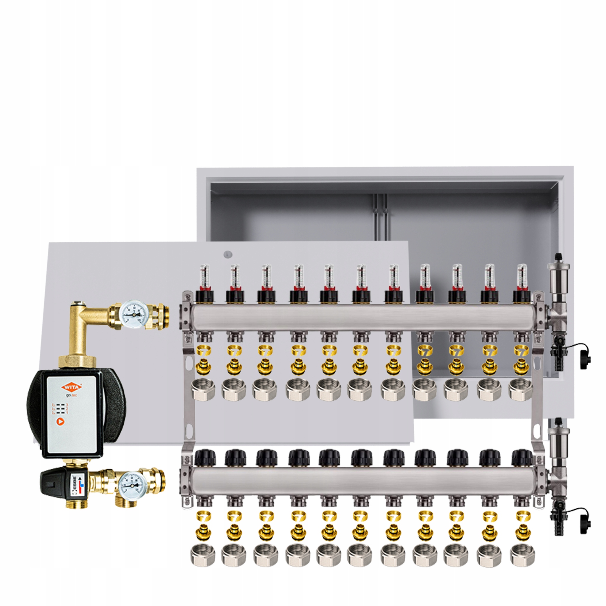 Rozdělovač pro podlahu 11 okruhů s čerpadlem Wita podomítková skříňka +pex