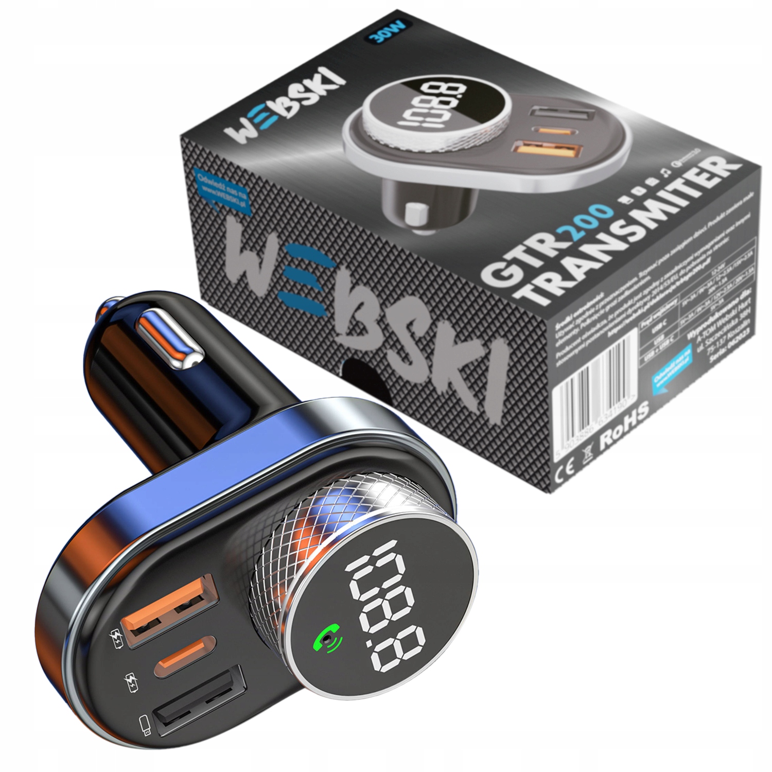 Transmiter Samochodowy Fm Bluetooth Ładowarka 30W