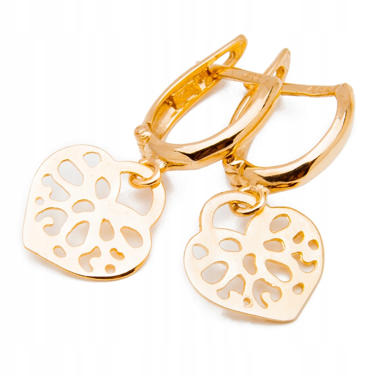 Zlaté náušnice 585, závěsné ažurové srdíčka