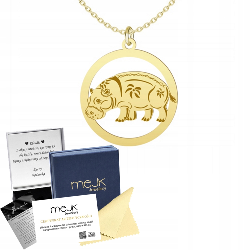 Zlatý náhrdelník s Hipopotamem 925 Řetízek Žena Dárek Gravírování Bonus