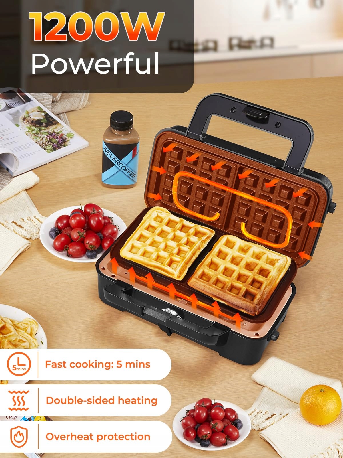 SANDWICHMAKER 3W1 GOFROWNICA GRILL KONTAKTOWY 1200W ANTYPOŚLIZGOWY — miniatura 2