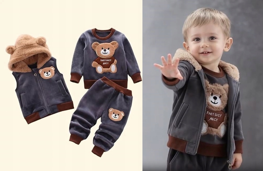 Komplet dres chłopięcy spodnie bluza kamizelka Ciepły Polar Miś 92-98 2-3L
