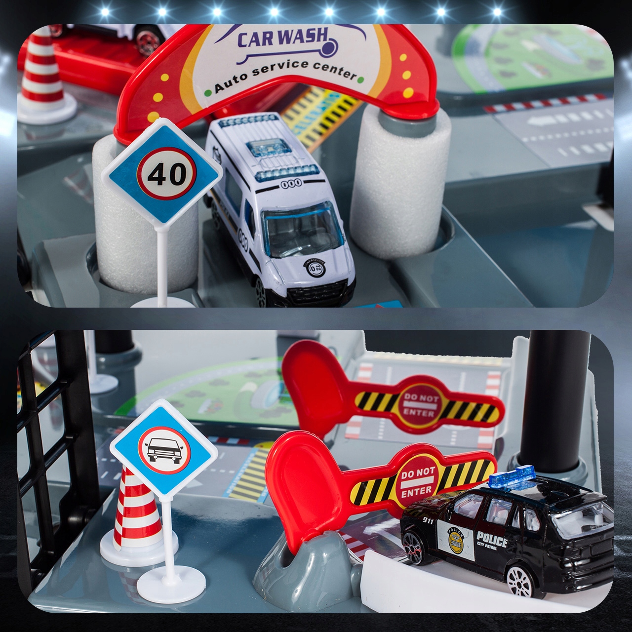 PARKPLATZ EBENE GARAGE FÜR KINDER RENNSTRECKE POLIZEIWAGEN HUBSCHRAUBER Hero keine