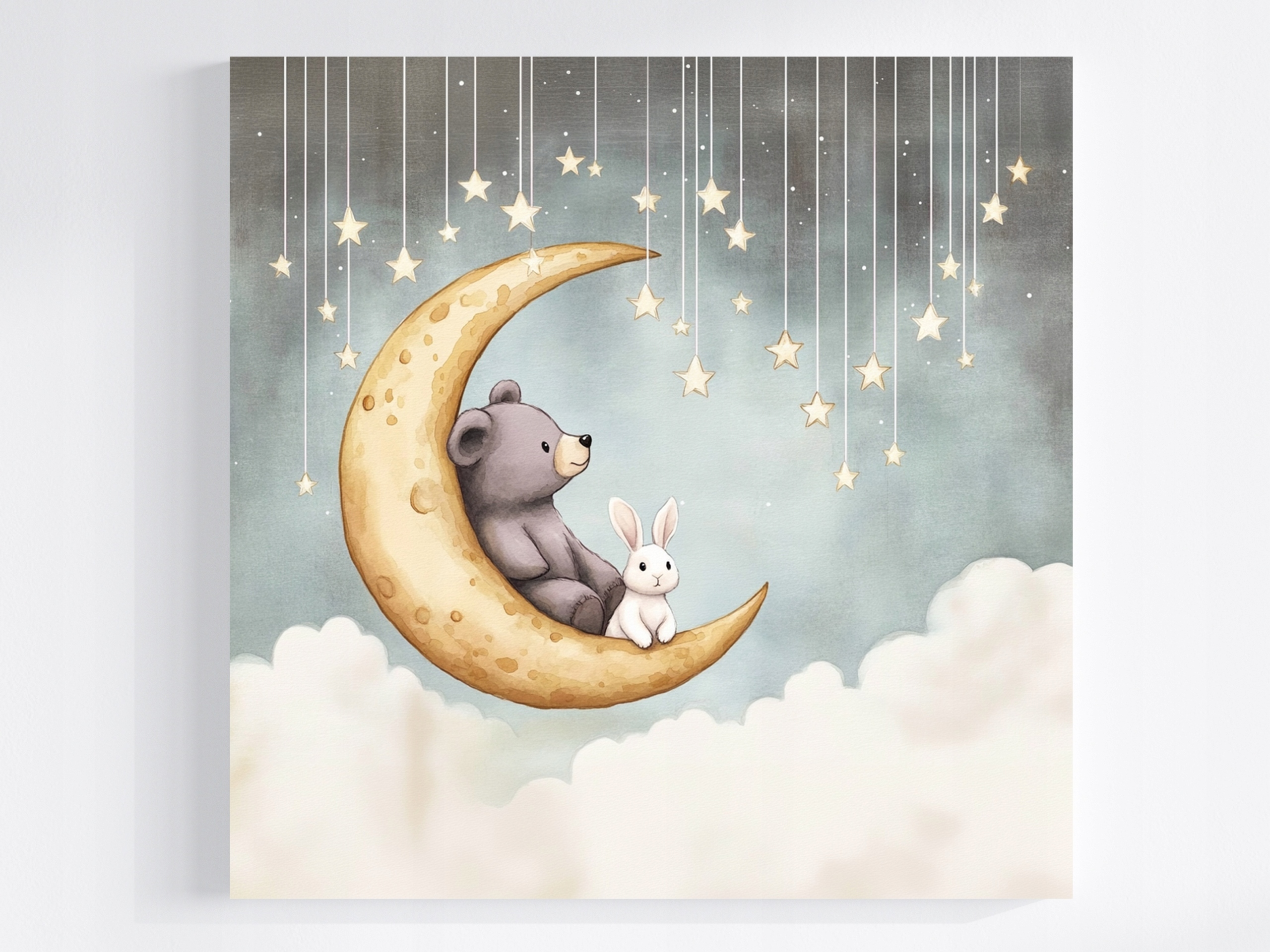 Obraz Na Plátně Canvas Noc Obloha Obláčky Měsíc Hvězdy Medvídek Králík 80x80