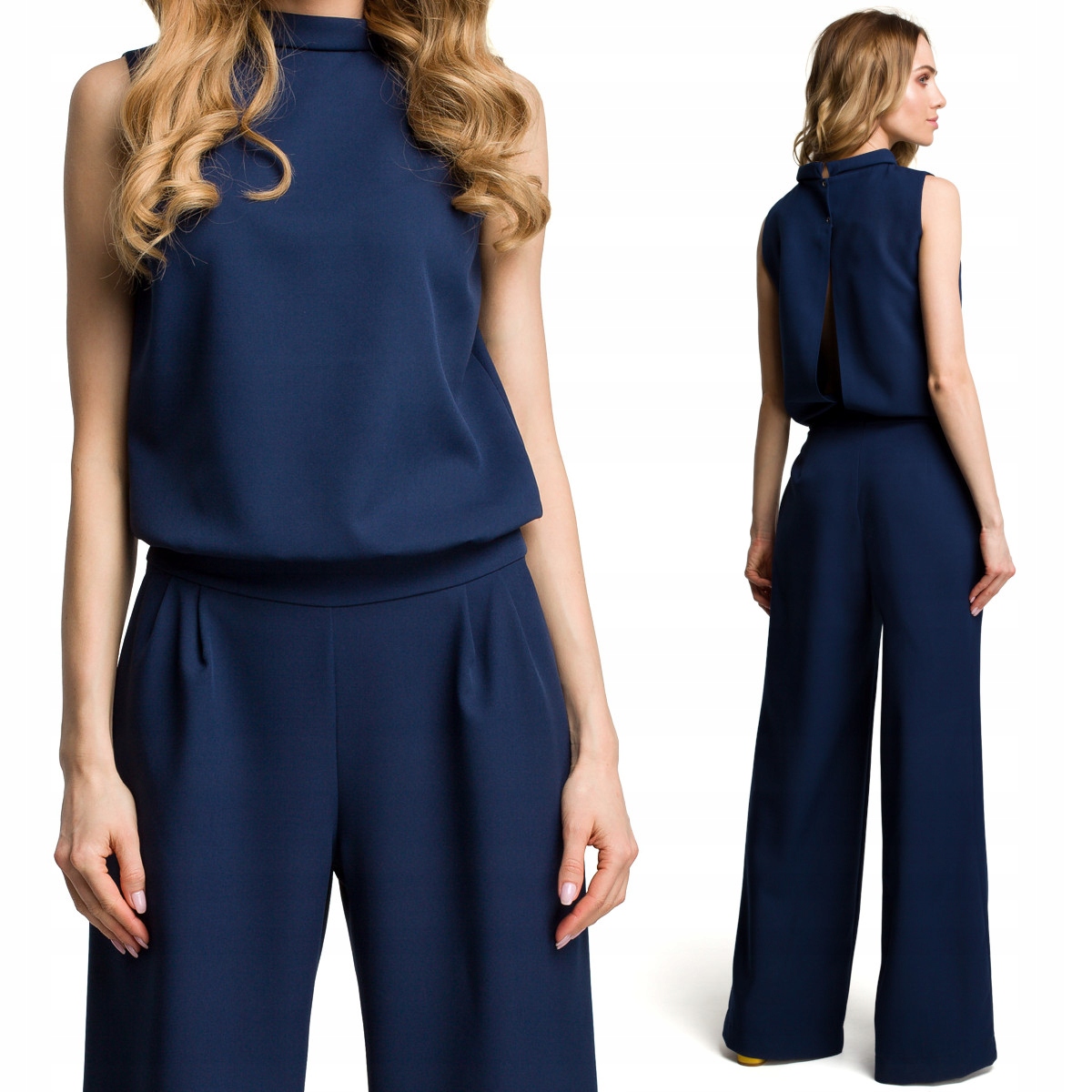 KOBIECY ELEGANCKI DAMSKI KOMBINEZON BEZ RĘKAWÓW LUŹNY LEKKI GRANATOWY 36 S