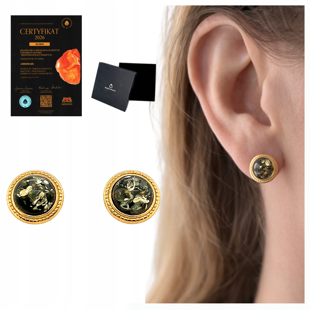 Náušnice s pozlacenými tyčinkami a baltským jantarem, zlaté šroubky