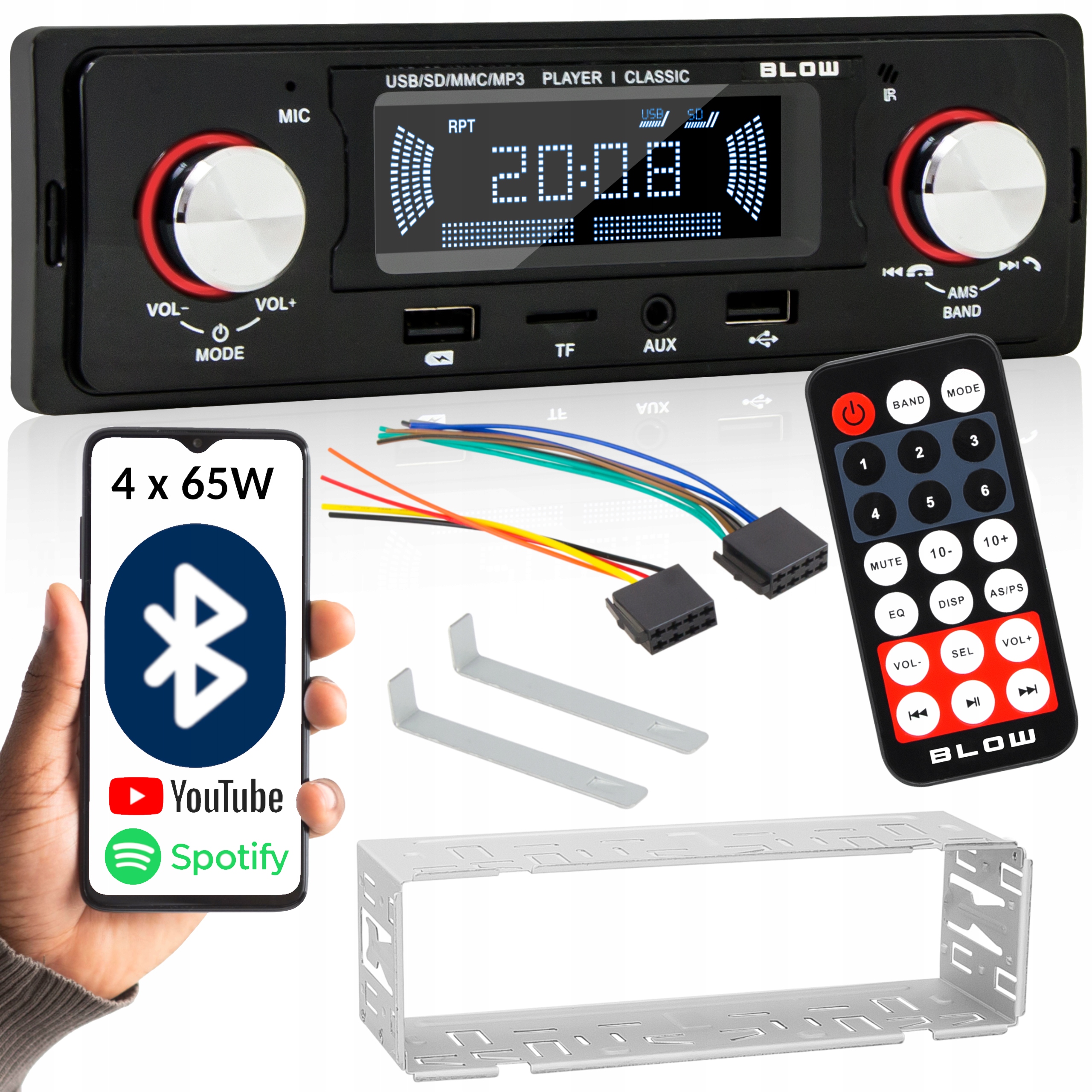 Radio Samochodowe 1-DIN Bluetooth Usb Sd Aux Rds MP3 Pilot Bateria Zestaw