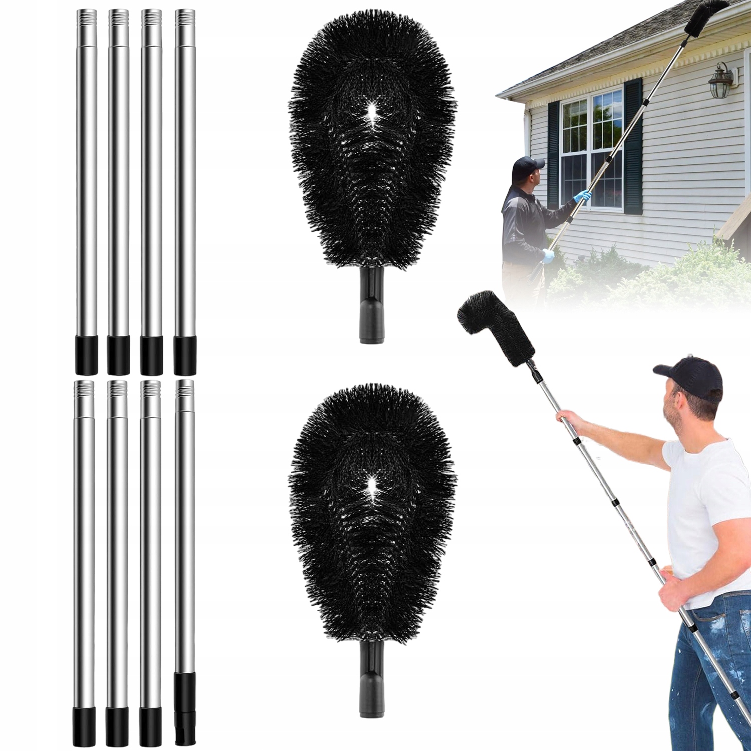 Levně Teleskopický Kartáč Na Čištění Okapů, Sada 8 Trubek, Vyměnitelné Hlavice