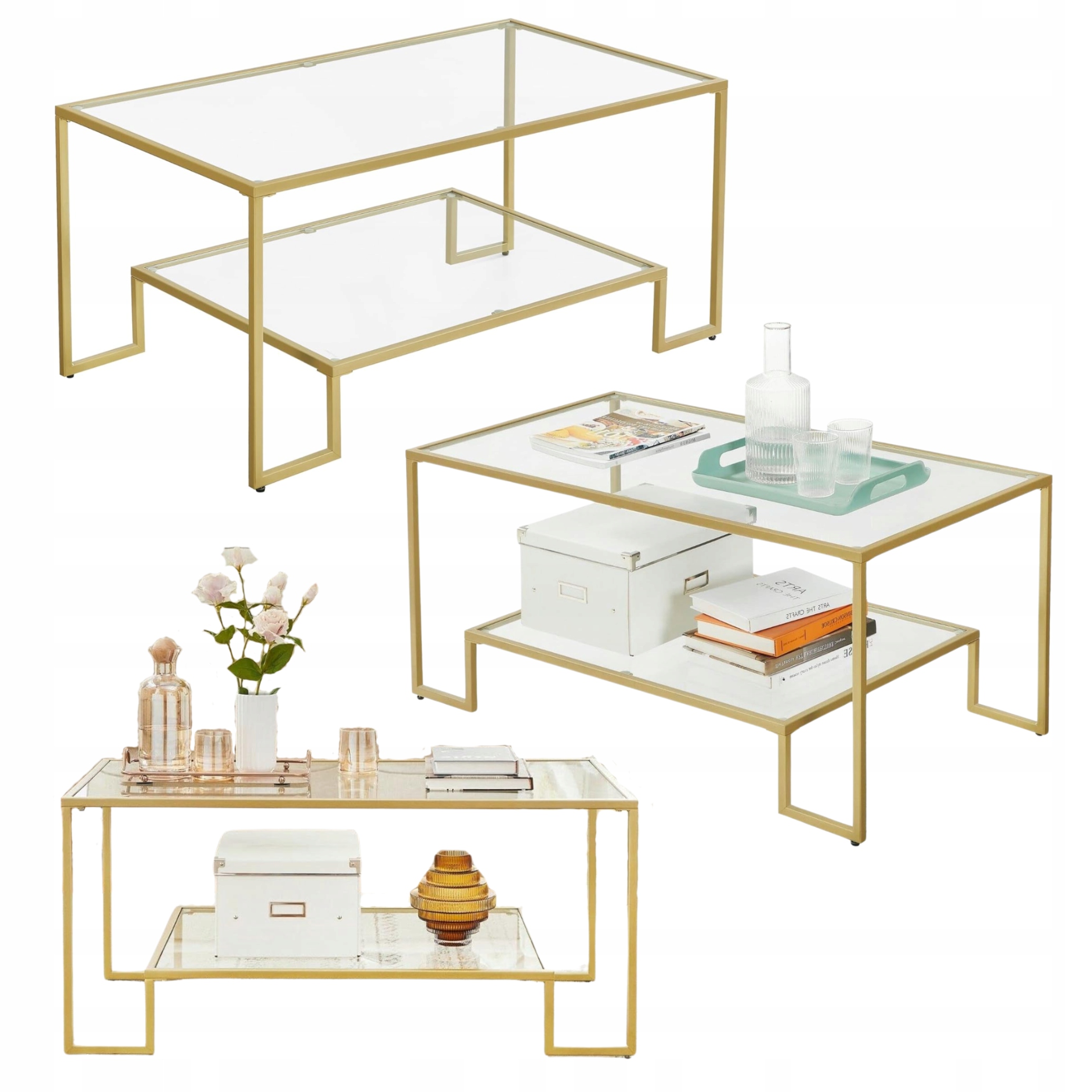 Okrúhly Konferenčný Stolík Glamour 2 úrovne Sklenená doska Zlatá malá lavica Obývačka