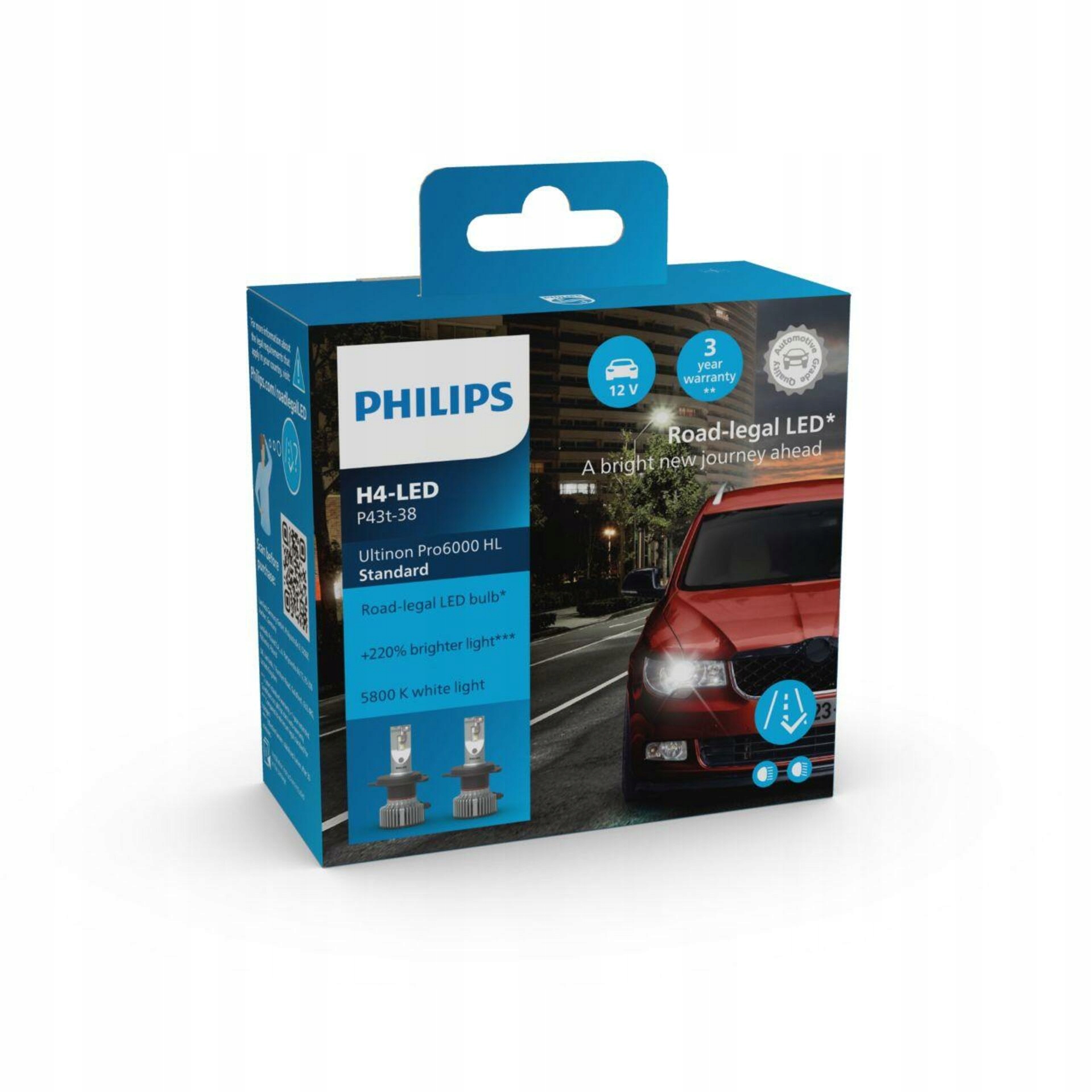 Philips Led H4 12V 18W Ultinon Pro6000 5800K, homologácia De/at, 2 ks
