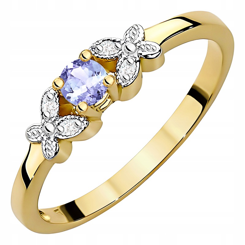 Złoty Pierścionek pr. 585 Tanzanit 0,15ct i Brylanty 0,02ct Grawer