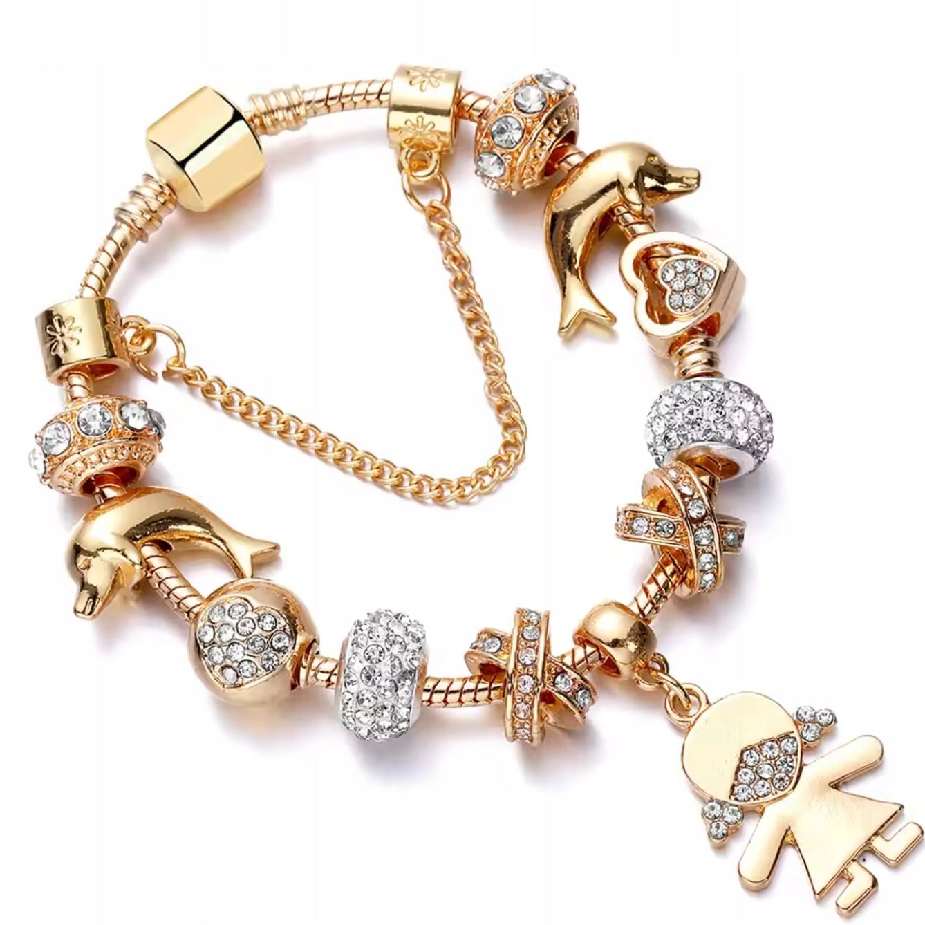 Zlatý náramek Charms Beads Delfíni Srdce Nekonečno Zirkony Květiny
