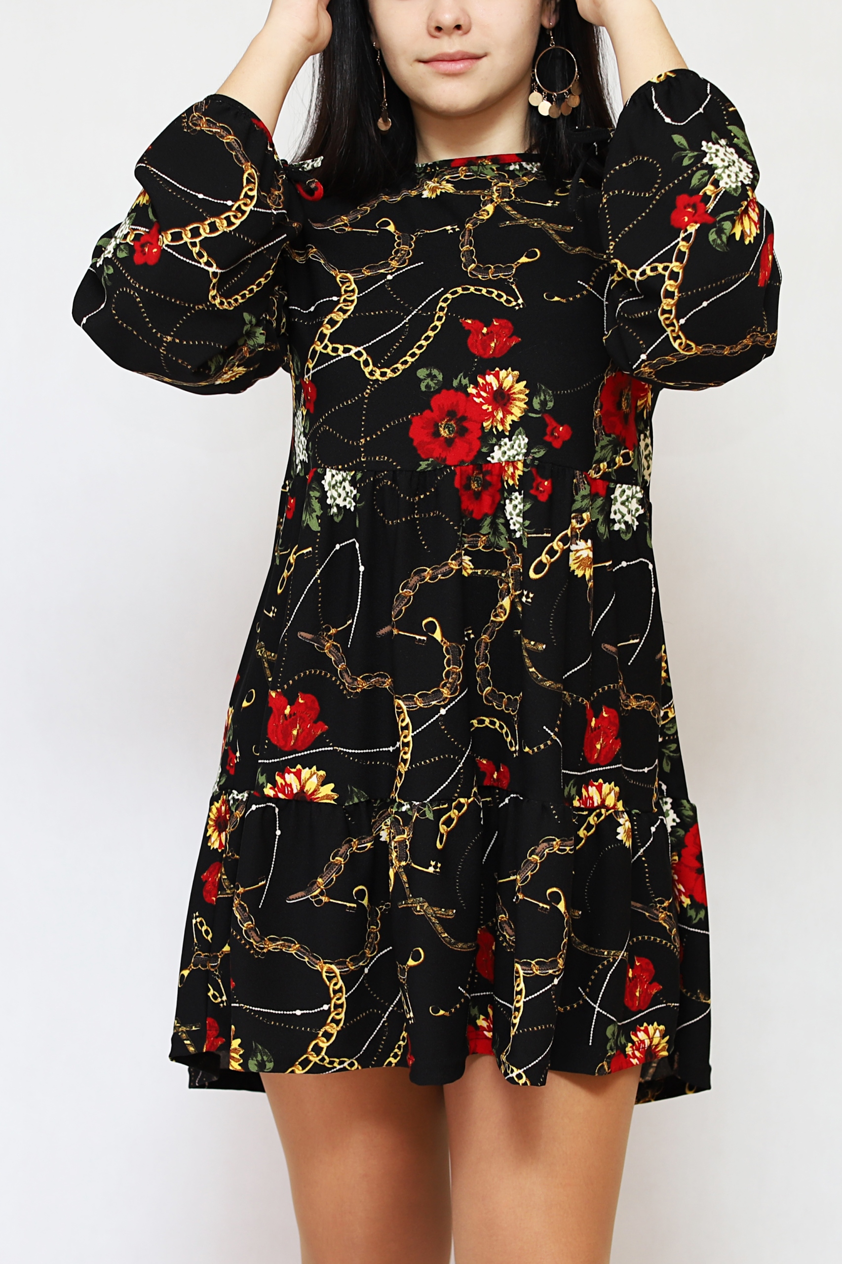 ROZKLOSZOWANA TRAPEZOWA SUKIENKA FALBANKI NADRUK Okazja na co dzień