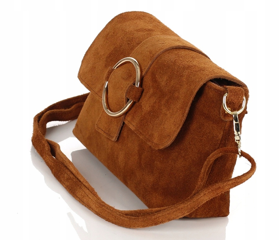 Vera Pelle Cudowna zamszowa torebka listonoszka na długim pasku ruda S55R