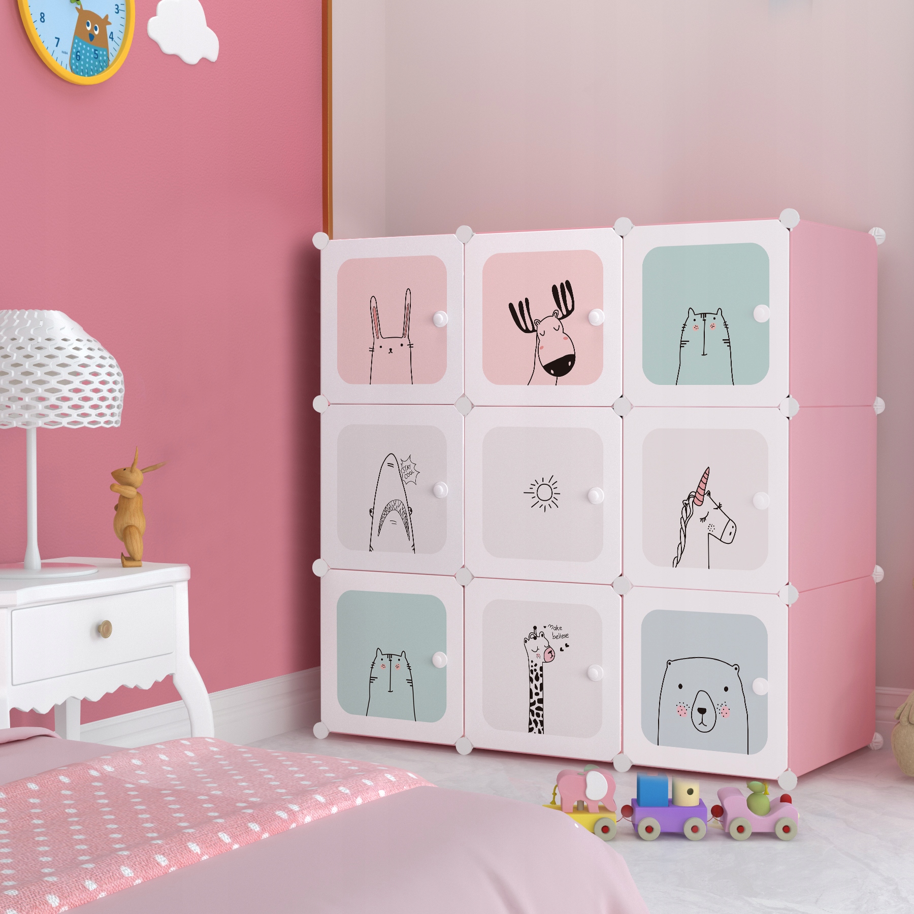 Модульна дитяча шафа рожевого кольору на 9 полиць, стелаж для кімнати, іграшок, одягу Ширина меблів 110 см.