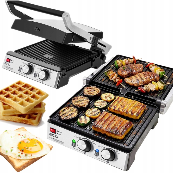 Grill Elektryczny Ecg Kg 2033 Opiekacz Panini Gofry Bbq 3w1 2000W Solidny
